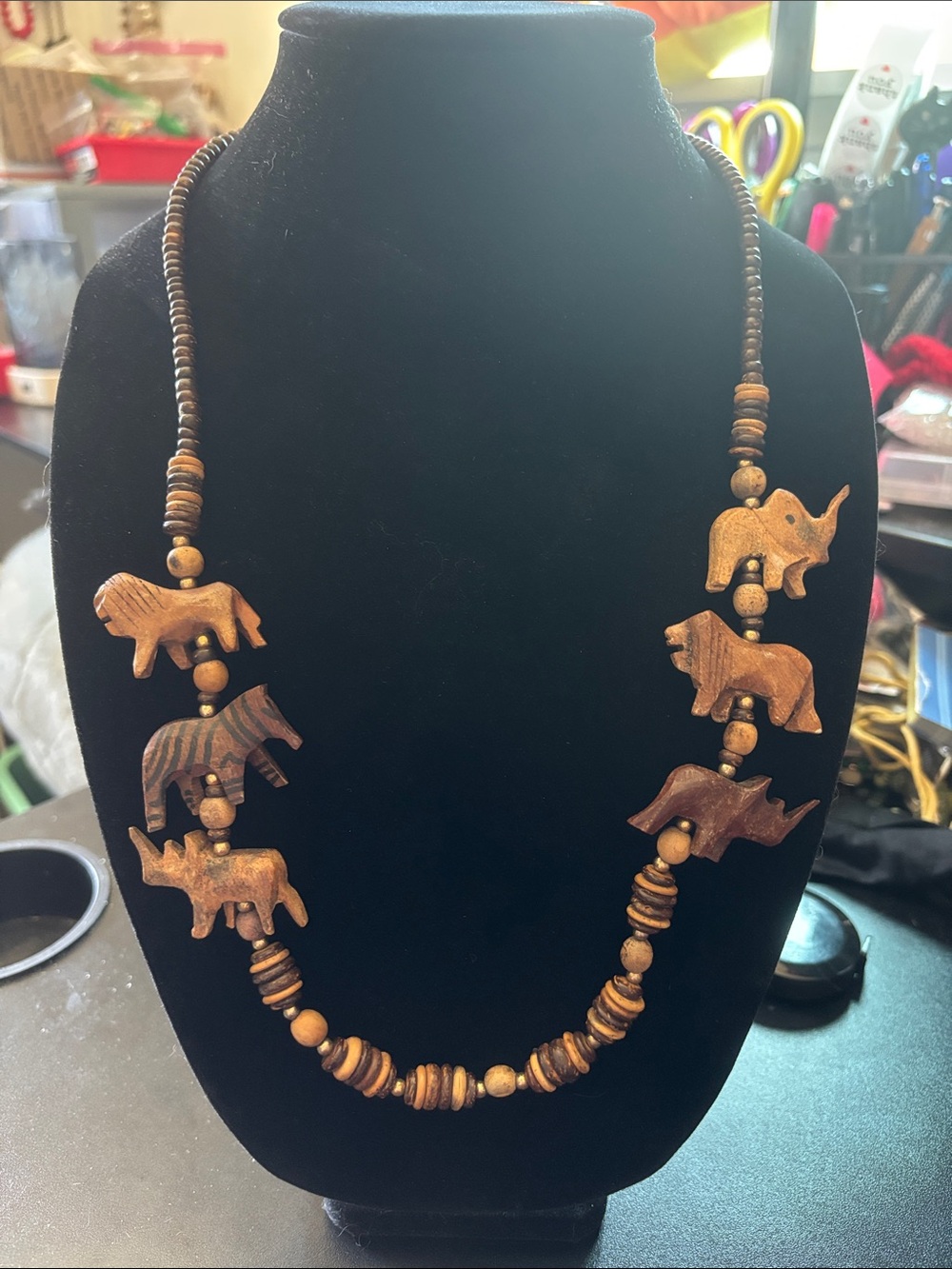 Vintage Brown Carved Elephant Bead Necklace